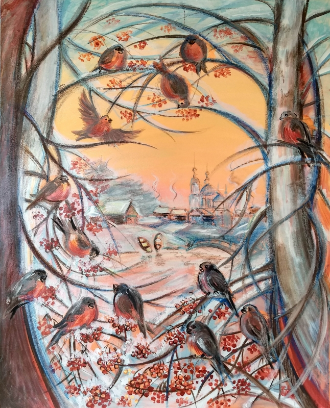 Russian winter. Bullfinches. by artist Anastasia Shimanskaya